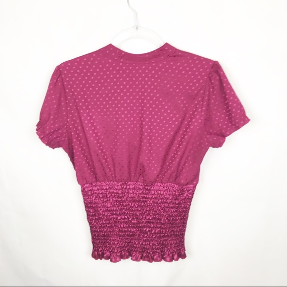 GUESS BURGUNDY SMOCK-TRIM BLOUSE M - Picture 2 of 5